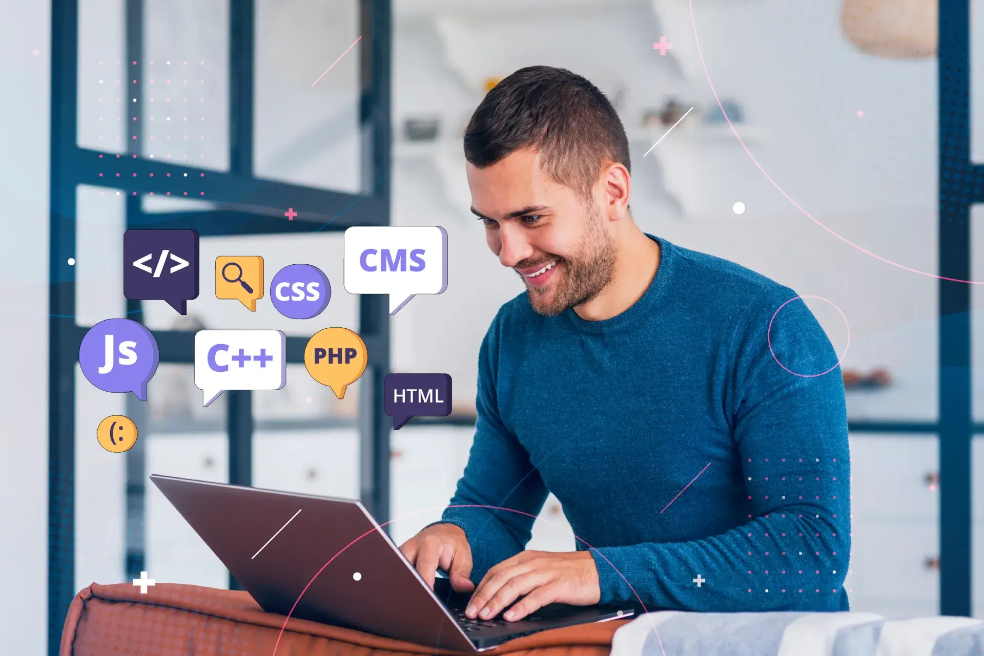 A smiling person working on laptop with HTML